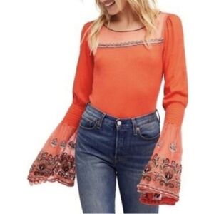 Free People High Tides Embroidered Bell Sleeve Top Mesh Details S Vibrant Orange